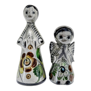 Vintage Tonalá Angel Figurine Pair – Mexican Folk Art Pottery Candlestick & Praying Angel, Hand Painted Floral