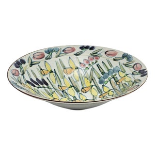 Large Hand Painted Floral Studio Pottery Porcelain Centerpiece Bowl 11" For Sale