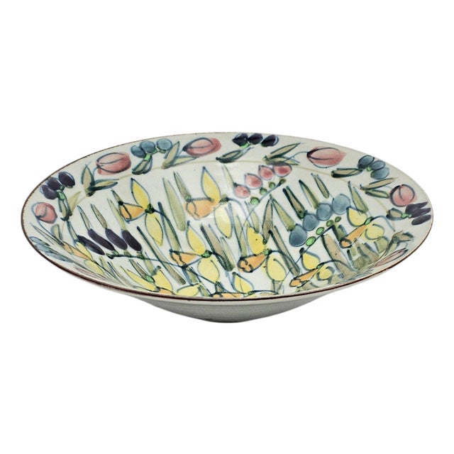 Large Hand Painted Floral Studio Pottery Porcelain Centerpiece Bowl 11" For Sale