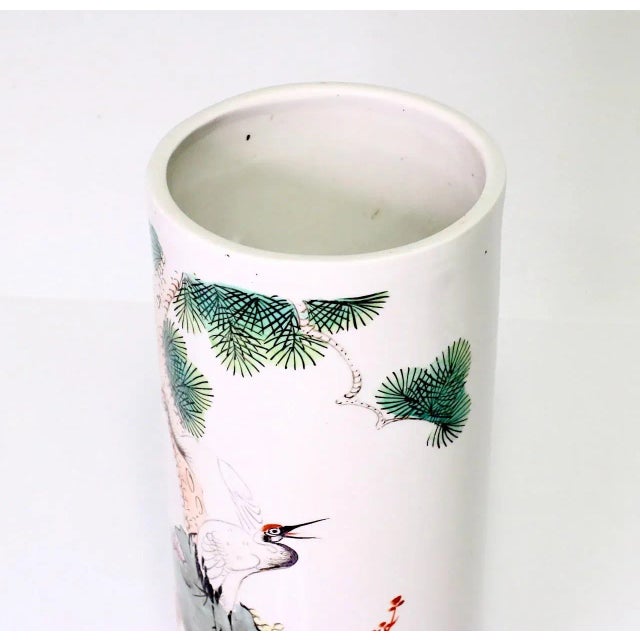 Wood Large Chinese Republic White Porcelain Cylinder Vase, Hat Stand With Red Crowned Cranes on Wood Display Stand For Sale - Image 7 of 11