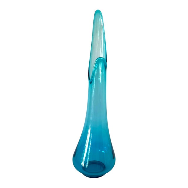 Glass Vintage Mid Century Modern MCM Swung Glass Vase, Turquoise Peacock Blue, 24" Le Smith For Sale - Image 7 of 12