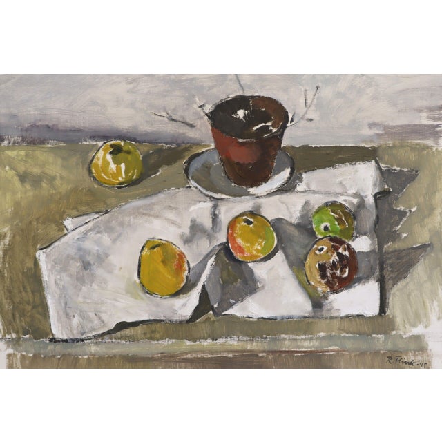1945 Mid-Century Modern 'Citrus & Pot' Vintage Swedish Expressive Still Life Swedish Oil Painting, Framed For Sale - Image 9 of 13