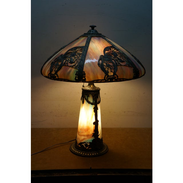 Bradley Hubbard Antique Victorian Aesthetic Arts Nouveau Stained Slag Glass Parlor Lamp 25" For Sale - Image 4 of 17