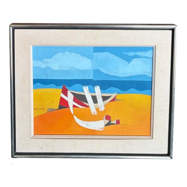 Mid Century Modernist Abstract Landscape Painting - A Boat Sits on a Beach Under a Blue Sky- Signed For Sale