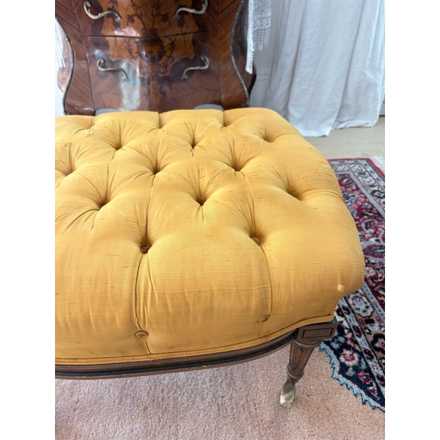 Vintage Louis XVI Style Tufted Gold Ottoman With Brass Paw Feet For Sale - Image 10 of 10