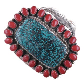 6.75" Bennie Bowekaty Zuni Sterling, Turquoise and Mediterranean coral cluster For Sale