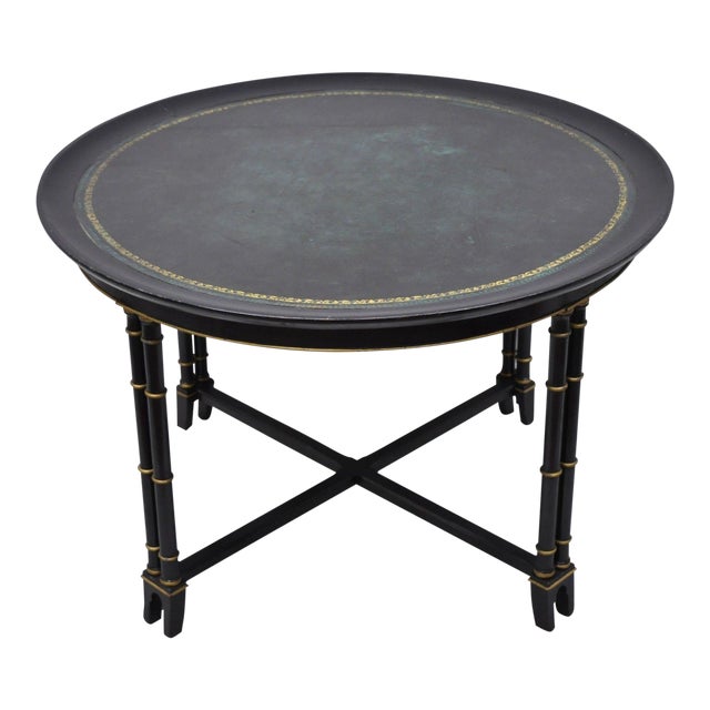 20th Century Regency Green Leather Top Black & Gold Bamboo Round Coffee