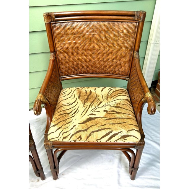 Traditional Vintage Bamboo & Rattan Arm Chairs – Pair of Wicker Dining or Accent Chairs With Upholstered Seats For Sale - Image 3 of 10