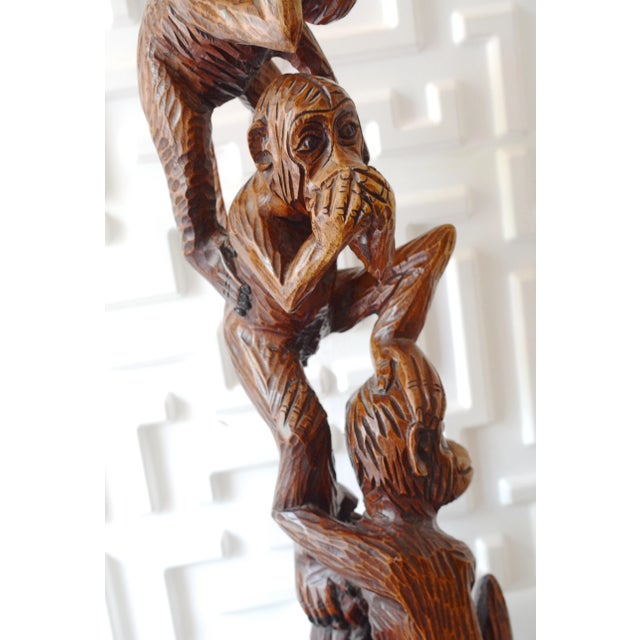 Brown Wood Carved Monkey See No Evil Statue For Sale - Image 8 of 11