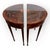 a stunning pair of Hepplewhite-style demilune console tables, crafted from rich mahogany with delicate satinwood oval...