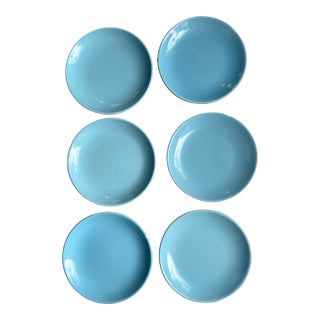 1960s Temporama Blue Plates – Set of 6 – Canonsburg Pottery Usa – 6⅜″ Mid Century Modern Solid Turquoise For Sale