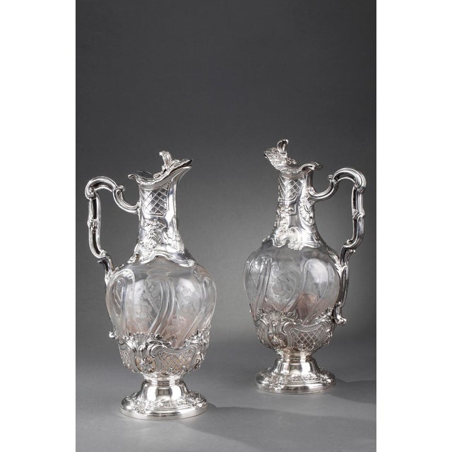 19th Century Silver and Crystal Ewers by Master Silversmith Ernie, 1880, Set of 2, in Very Good conditions. Designed...