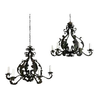 Pair of Spanish Six-Light Wrought Iron Chandeliers For Sale