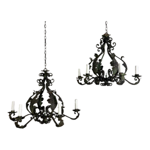 Pair of Spanish Six-Light Wrought Iron Chandeliers