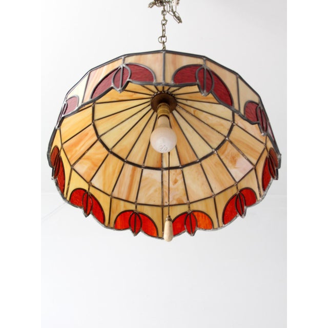 Vintage Tiffany Style Stained Glass Hanging Pendant Light For Sale - Image 6 of 18