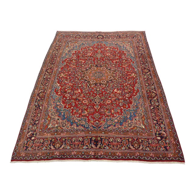 Mashad Rug 9’7” X 12’3” Red Wool Vintage Traditional Hand-Knotted Carpet For Sale