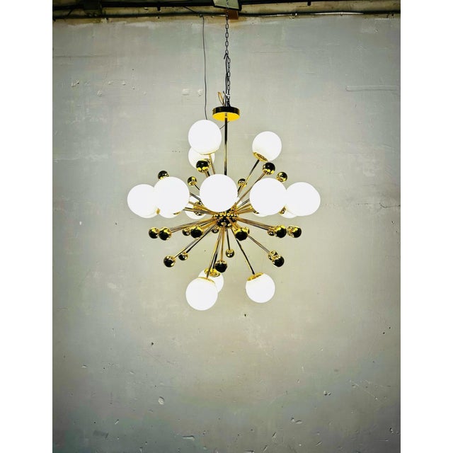 Late 20th Century Vintage Italian Sputnik Chandelier in Brass and Opaline Glass, 1970s For Sale - Image 5 of 9