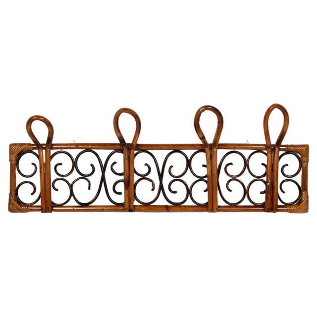 Mid-Century Italian Rattan and Bamboo Wall Coat Rack Stand, 1960s For Sale