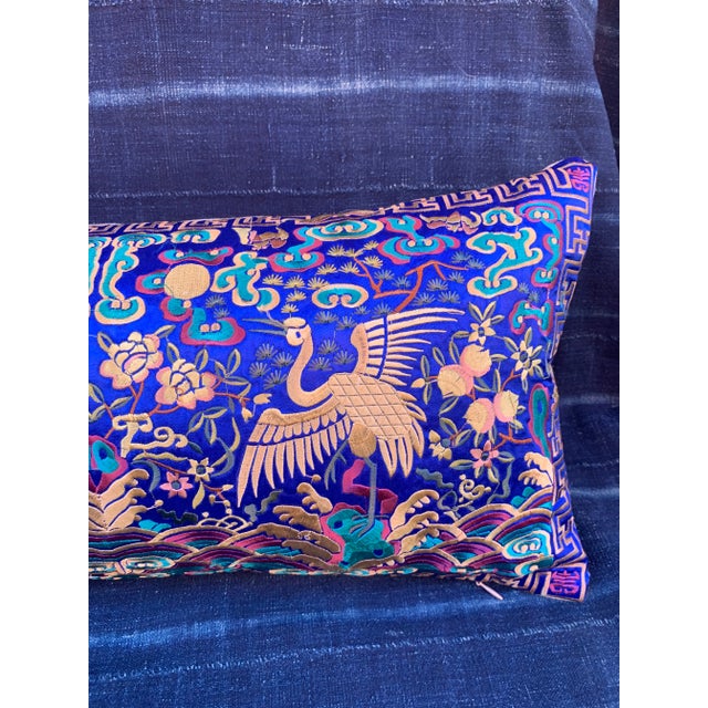 Hollywood Regency Royal Blue & Gold Silk Embroidered Cranes Chinoiserie Boudoir Lumbar Pillow For Sale - Image 4 of 11