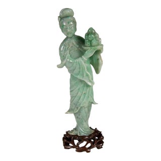 Antique Green Jade Jadeite Carving of Chinese Beauty With Peaches For Sale
