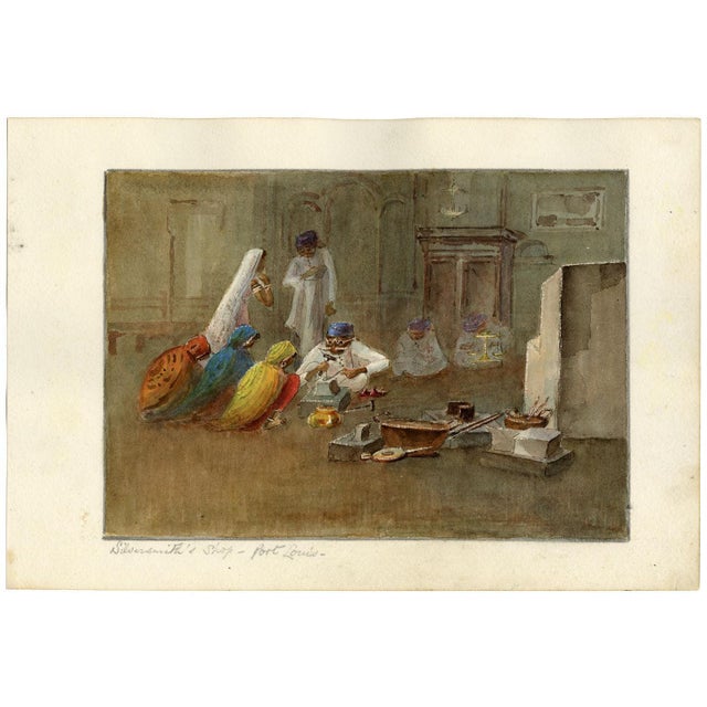 Whylock Pendavis, Silversmith's Shop & Madras Men Procession, Port Louis, Mauritius, 1800s, Watercolour For Sale - Image 5 of 7