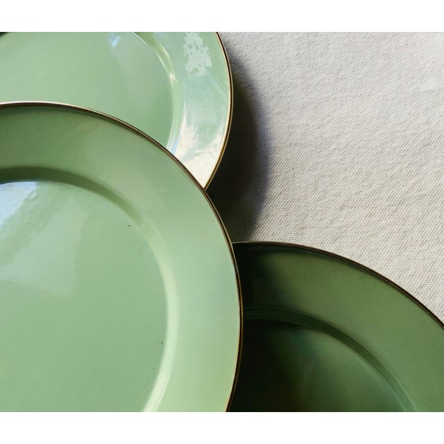 American Mackenzie-Childs Sage Green Enamel 12” Chargers - Set of 4 For Sale - Image 3 of 15