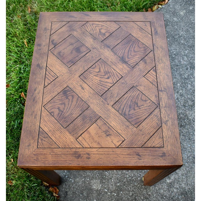 Wood Henredon Oak Square Table Parquet Top Reeded Parsons Legs Mid Century End For Sale - Image 7 of 14