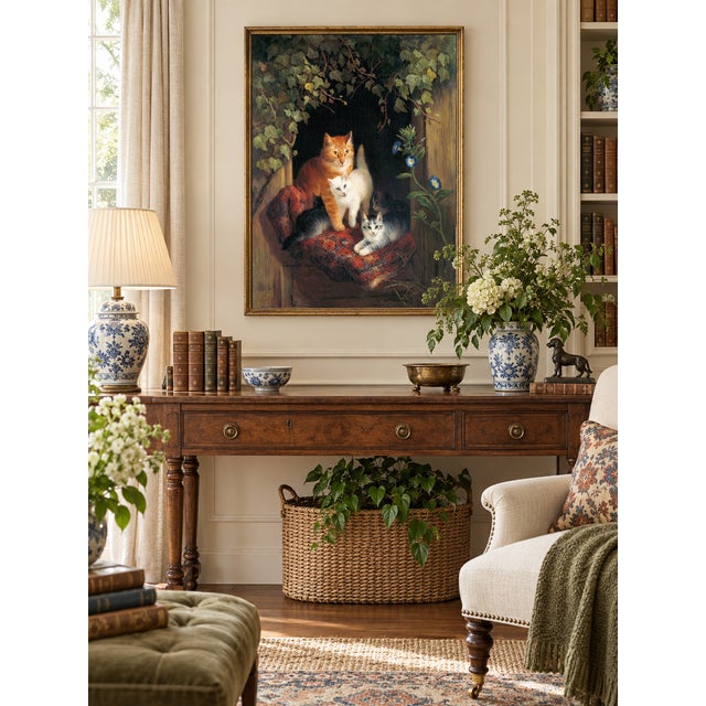 Victorian 1844 Vintage Cat With Kittens Art Print, Victorian Animal Painting by Henriëtte Ronner - 24" X 32" For Sale - Image 3 of 8