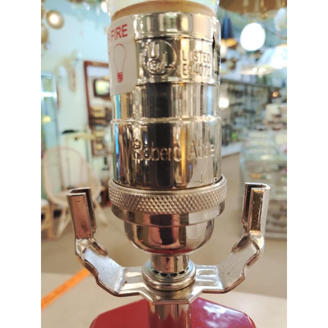 Modern Robert Abbey Red Lamp With Linen Drum Shade For Sale In Atlanta - Image 6 of 6