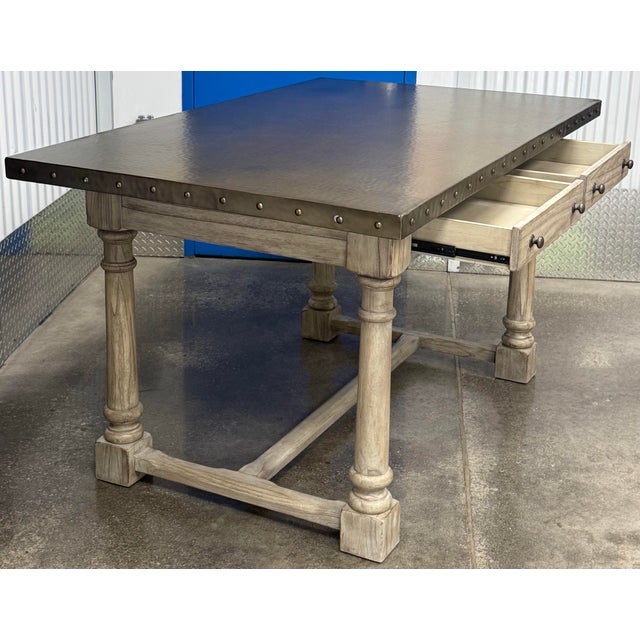 Coastal Lexington Twilight Bay Shelter Island Rectangle Bistro Table / Kitchen Island With Hammered Metal Top For Sale - Image 3 of 10