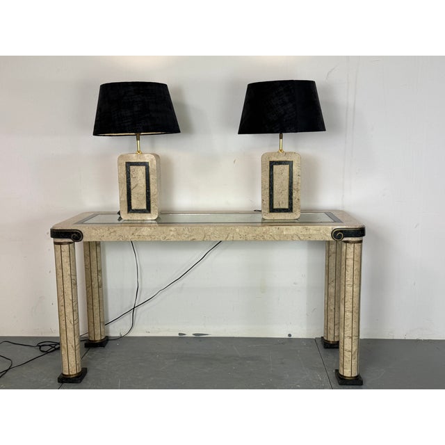Vintage Italian style Console Hall table with Travertine Marquetry and Marble Stone and Brass Details with glass inlay...