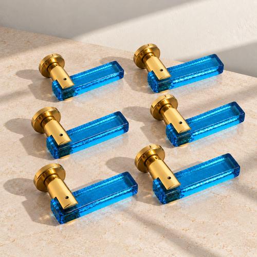 Italian Blue Murano Glass and Brass Door Handles, 1970s, Set of 6 For Sale - Image 3 of 9