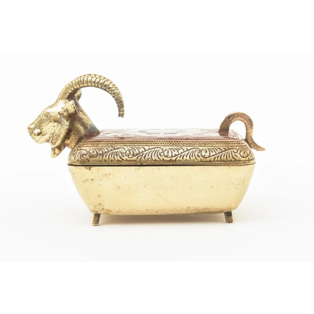 Vintage Brass Rams Head Hinged Small Box With Enamel Design For Sale - Image 4 of 12