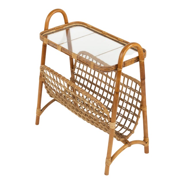 Mid-Century Bamboo, Rattan and Glass Side Table with Magazine Rack, Italy, 1960s For Sale