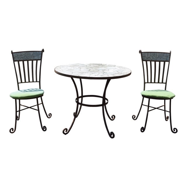 Vintage Stone Mosaic Top Patio Table & 2 Chairs For Sale