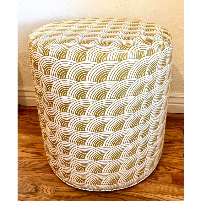Lee Industries signature fabric "Eclipse Sun" custom upholstered drum ottoman. Fabric pattern was inspired by 1960’s...