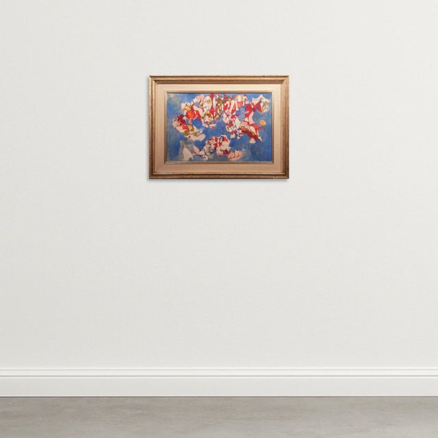 Abstract Composition in Blue and Red, 1950s, Oil on Canvas, in Good conditions. Designed 1950 to 1959