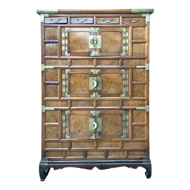Vintage Brass Trimmed Burl Wood Cabinet For Sale