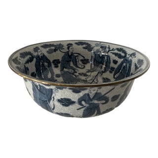 Antique Chinese Eight Immortals Blue & White Crackled Glass Ceramic Bowl, Marked For Sale