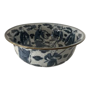 Antique Chinese Eight Immortals Blue & White Crackled Glass Ceramic Bowl, Marked