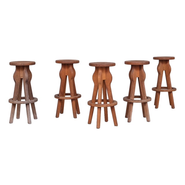 Mid-Century Brutalist Oak Bar Stools, Belgium, 1970s, Set of 5 For Sale