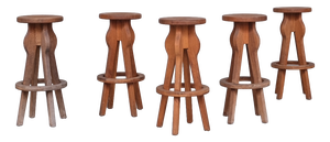 Mid-Century Brutalist Oak Bar Stools, Belgium, 1970s, Set of 5