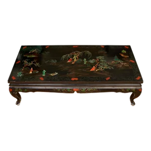 Colorful Handpainted Asian Ebonized Lacquered Coffee Table