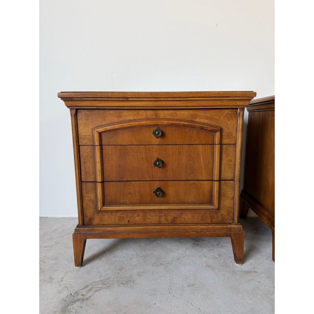 1970s 1970s Mid-Century Burl Wood Three-Drawer Nightstands – Pair For Sale - Image 5 of 13