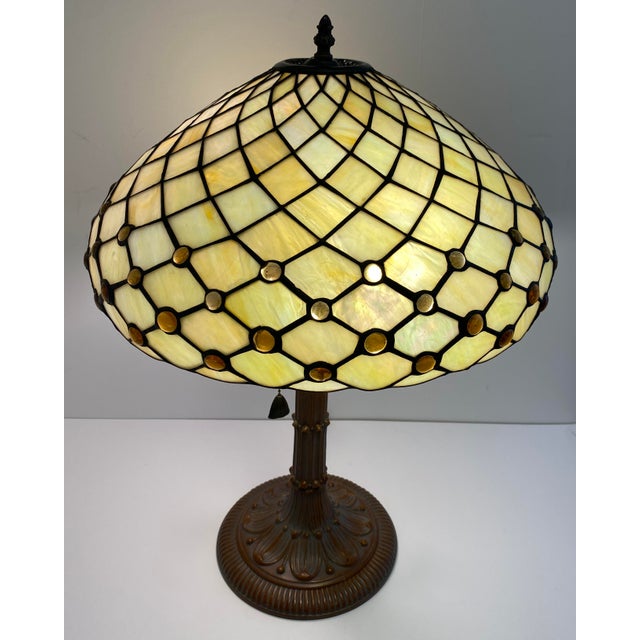 Tiffany and Co. Antique American Tiffany Style Leaded Stained Glass Table Lamp With Amber Jewels For Sale - Image 4 of 11
