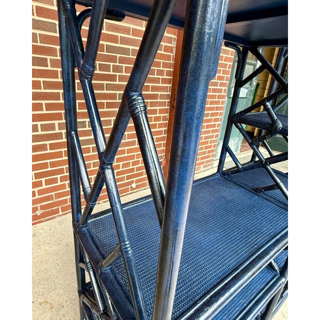 Vintage Turtle and Crane Bespoke Rattan Lapis Trellis Etagère | Hollywood Regency Chippendale Bookcase For Sale - Image 10 of 12