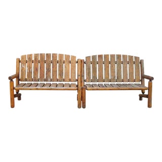 Log Cabin Primitive Adirondack Wooden Log Outdoor Bench Sofa Set - 2 Pcs For Sale