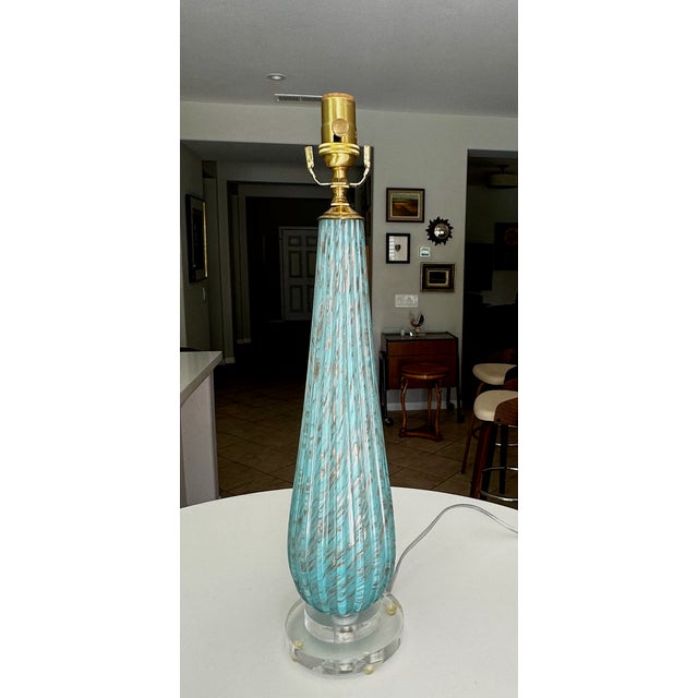 1960s Barbini Murano Blue Copper Ribbed Glass Table Lamp For Sale In Palm Springs - Image 6 of 18