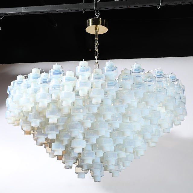 Off-white Modernist Hand-Blown Murano Opalescent Barbell Chandelier With Brass Fittings For Sale - Image 8 of 18