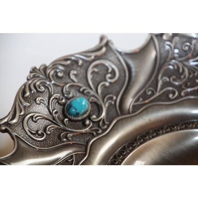 Gothic Metal Cast Silvered Platter with Turquoise Stones Inlaid For Sale - Image 3 of 8